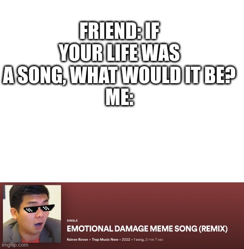 Why does this exist??? (Don't mind if you listen to it) | FRIEND: IF YOUR LIFE WAS A SONG, WHAT WOULD IT BE?
ME: | image tagged in blank white template | made w/ Imgflip meme maker