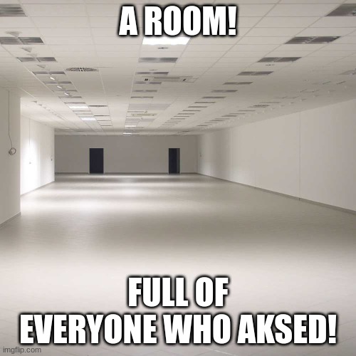 A room full of everyone who asked | A ROOM! FULL OF EVERYONE WHO AKSED! | image tagged in empty room,a room full of everyone who asked,see nobody cares,nobody asked,who asked,hop in we're gonna find who asked | made w/ Imgflip meme maker
