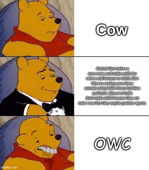 Best,Better, Blurst | Cow; Animal that makes a moo noise and makes milk for calves and homans to drink.Also likes to eat hay.cows have animals related like bison buffalos and bulls. However bulls don't make milk because they are male cows but they maybe produce sperm. OWC | image tagged in best better blurst | made w/ Imgflip meme maker