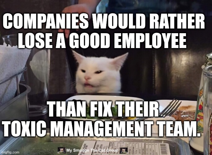 COMPANIES WOULD RATHER LOSE A GOOD EMPLOYEE; THAN FIX THEIR TOXIC MANAGEMENT TEAM. | image tagged in smudge the cat | made w/ Imgflip meme maker