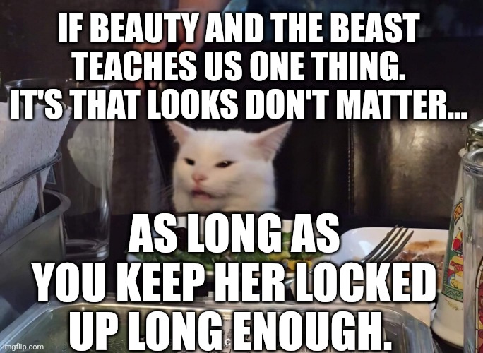 IF BEAUTY AND THE BEAST TEACHES US ONE THING. IT'S THAT LOOKS DON'T MATTER... AS LONG AS YOU KEEP HER LOCKED UP LONG ENOUGH. | image tagged in smudge the cat | made w/ Imgflip meme maker