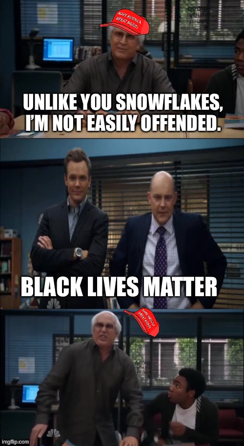 Love the template | UNLIKE YOU SNOWFLAKES, I’M NOT EASILY OFFENDED. BLACK LIVES MATTER | image tagged in black lives matter,chevy chase | made w/ Imgflip meme maker