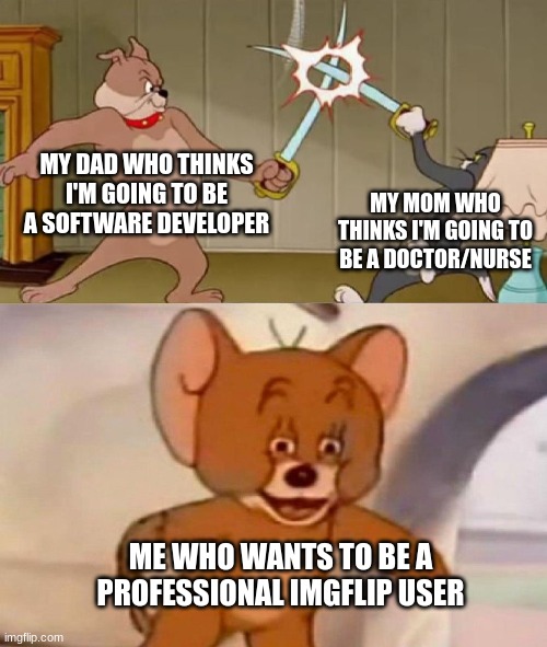How many people can agree with me |  MY DAD WHO THINKS I'M GOING TO BE A SOFTWARE DEVELOPER; MY MOM WHO THINKS I'M GOING TO BE A DOCTOR/NURSE; ME WHO WANTS TO BE A PROFESSIONAL IMGFLIP USER | image tagged in tom and jerry swordfight,imgflip,nurses,doctor,software | made w/ Imgflip meme maker