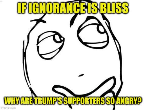 Just a random thought while sitting on a porch in magaland. Leaving tomorrow back to my blue state | IF IGNORANCE IS BLISS; WHY ARE TRUMP'S SUPPORTERS SO ANGRY? | image tagged in memes,question rage face,maga angry | made w/ Imgflip meme maker