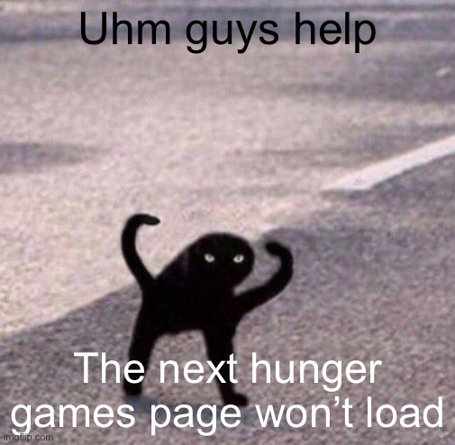 Cursed cat temp | Uhm guys help; The next hunger games page won’t load | image tagged in cursed cat temp | made w/ Imgflip meme maker