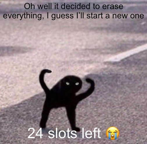 Cursed cat temp | Oh well it decided to erase everything, I guess I’ll start a new one; 24 slots left 😭 | image tagged in cursed cat temp | made w/ Imgflip meme maker