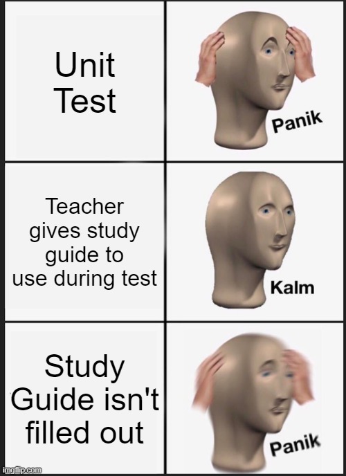 No Key?? |  Unit Test; Teacher gives study guide to use during test; Study Guide isn't filled out | image tagged in memes,panik kalm panik,test,study,panic | made w/ Imgflip meme maker
