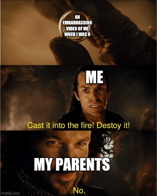 cast it into the fire | AN EMBARRASSING VIDEO OF ME WHEN I WAS 8; ME; MY PARENTS | image tagged in cast it into the fire | made w/ Imgflip meme maker