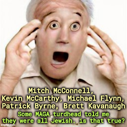 Mitch McConnell, 
Kevin McCarthy, Michael Flynn, Patrick Byrne, Brett Kavanaugh; Some MAGA turdhead told me they were all Jewish. is that true? | image tagged in mitch mcconnell,kevin mccarthy,michael flynn,patrick byrne,brett kavanaugh,jewish | made w/ Imgflip meme maker