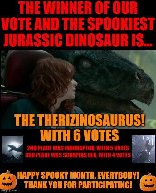 Therizinosaurus is the winner! | THE WINNER OF OUR VOTE AND THE SPOOKIEST JURASSIC DINOSAUR IS... THE THERIZINOSAURUS!
WITH 6 VOTES; 2ND PLACE WAS INDORAPTOR, WITH 5 VOTES
3RD PLACE WAS SCORPIOS REX, WITH 4 VOTES; HAPPY SPOOKY MONTH, EVERYBODY! THANK YOU FOR PARTICIPATING! | image tagged in blank black square template,therizinosaurus,spooky month | made w/ Imgflip meme maker