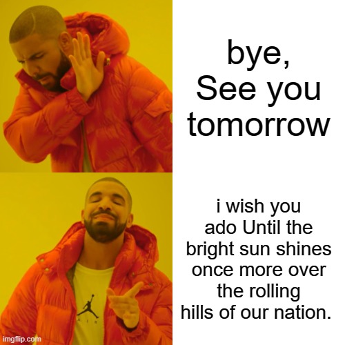 Drake Hotline Bling Meme | bye, See you tomorrow; i wish you ado Until the bright sun shines once more over the rolling hills of our nation. | image tagged in memes,drake hotline bling | made w/ Imgflip meme maker