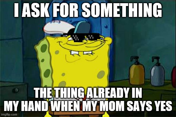 Don't You Squidward | I ASK FOR SOMETHING; THE THING ALREADY IN MY HAND WHEN MY MOM SAYS YES | image tagged in memes | made w/ Imgflip meme maker