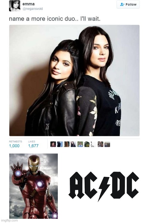 Name a More Iconic Duo | image tagged in name a more iconic duo,iron man,acdc,marvel,mcu | made w/ Imgflip meme maker
