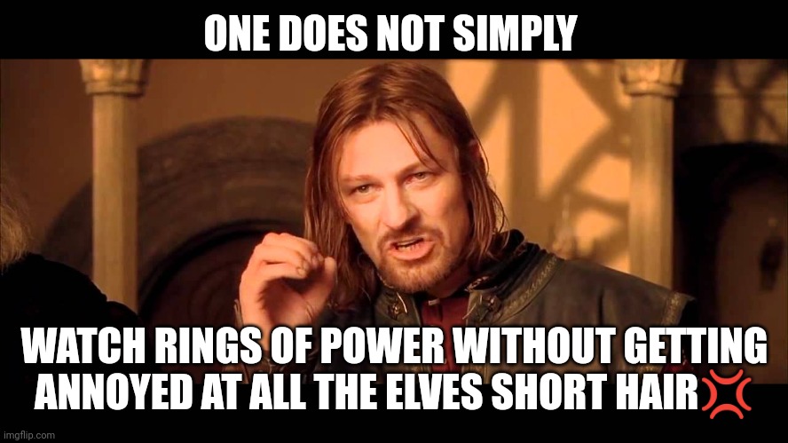 One does not simply | ONE DOES NOT SIMPLY; WATCH RINGS OF POWER WITHOUT GETTING ANNOYED AT ALL THE ELVES SHORT HAIR💢 | image tagged in walk into mordor,boromir,rings of power,elves | made w/ Imgflip meme maker