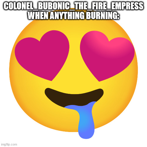 Downbad emoji 10 | COLONEL_BUBONIC_THE_FIRE_EMPRESS WHEN ANYTHING BURNING: | image tagged in downbad emoji 10 | made w/ Imgflip meme maker