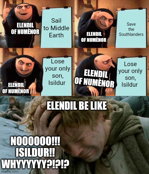 Elendil be like- gru's plan | Sail to Middle Earth; Save the Southlanders; ELENDIL OF NUMÈNOR; ELENDIL OF NUMÈNOR; Lose your only son, Isildur; Lose your only son, Isildur; ELENDIL OF NUMÈNOR; ELENDIL OF NUMÈNOR; ELENDIL BE LIKE; NOOOOOO!!! ISILDUR!!
WHYYYYYY?!?!? | image tagged in gru's plan,rings of power | made w/ Imgflip meme maker