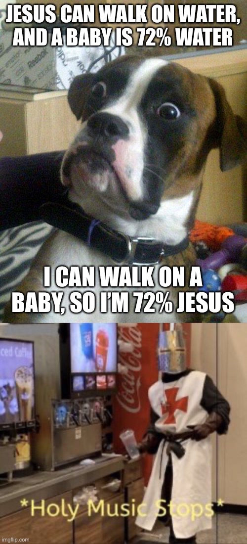 If you think about it….. | JESUS CAN WALK ON WATER, AND A BABY IS 72% WATER; I CAN WALK ON A BABY, SO I’M 72% JESUS | image tagged in blankie the shocked dog,water,jesus,holy music stops | made w/ Imgflip meme maker