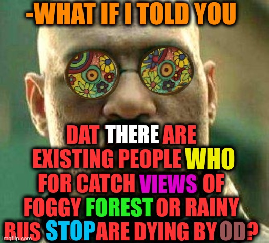 -Smartest stupidity. | -WHAT IF I TOLD YOU; DAT THERE ARE EXISTING PEOPLE WHO FOR CATCH VIEWS OF FOGGY FOREST OR RAINY BUS STOP ARE DYING BY OD? THERE; WHO; VIEWS; FOREST; STOP; OD | image tagged in acid kicks in morpheus,don't do drugs,heroin,overdose,bus stop,sunlit forest | made w/ Imgflip meme maker