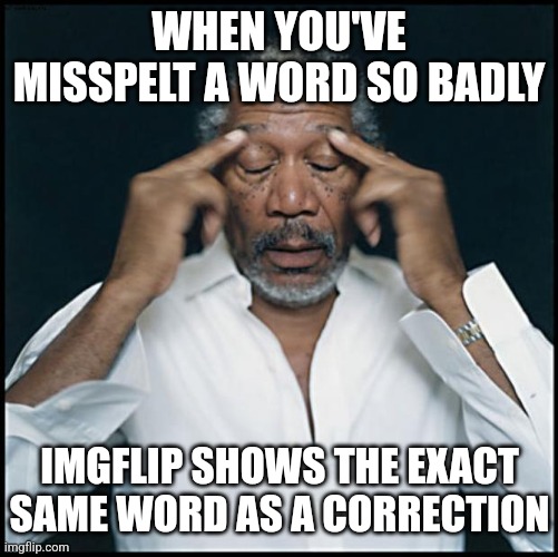 Come on Imgflip. You can't give the same word as a correction! | WHEN YOU'VE MISSPELT A WORD SO BADLY; IMGFLIP SHOWS THE EXACT SAME WORD AS A CORRECTION | image tagged in morgan freeman headache,spelling error,grammar,fail,words | made w/ Imgflip meme maker