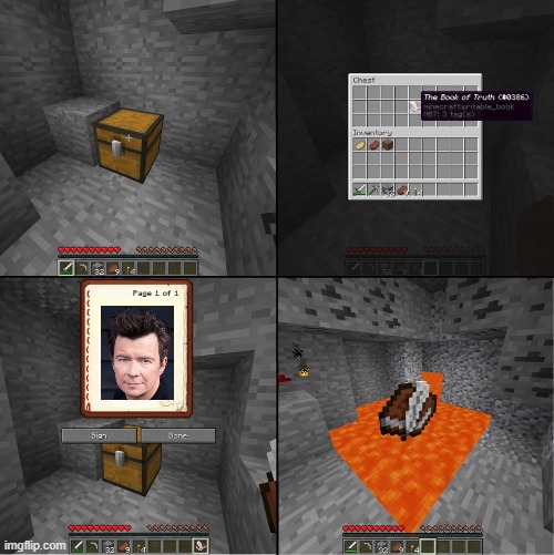 lol | image tagged in book of truth minecraft,rick roll,memes,funny,minecraft | made w/ Imgflip meme maker