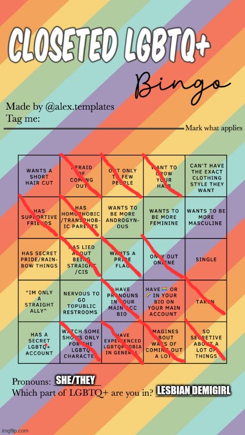 Closeted :D | SHE/THEY; LESBIAN DEMIGIRL | image tagged in lgbtq bingo | made w/ Imgflip meme maker