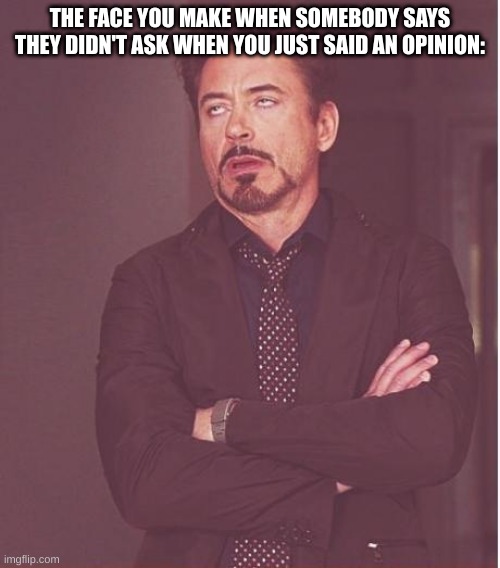 yeah. based on a true event. | THE FACE YOU MAKE WHEN SOMEBODY SAYS THEY DIDN'T ASK WHEN YOU JUST SAID AN OPINION: | image tagged in memes,face you make robert downey jr | made w/ Imgflip meme maker