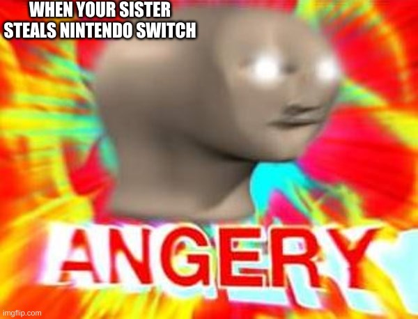 When your sister steals nintendo switch | WHEN YOUR SISTER STEALS NINTENDO SWITCH | image tagged in surreal angery | made w/ Imgflip meme maker