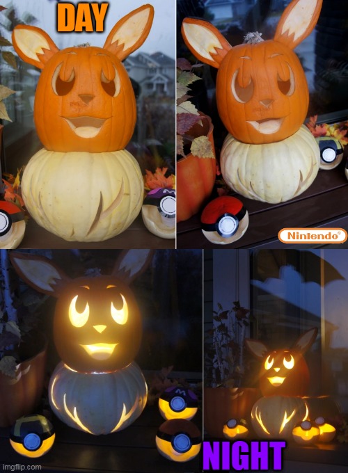 EEVEE HALLOWEEN PUMPKINS | DAY; NIGHT | image tagged in nintendo,eevee,pokemon,pumpkin,halloween,spooktober | made w/ Imgflip meme maker