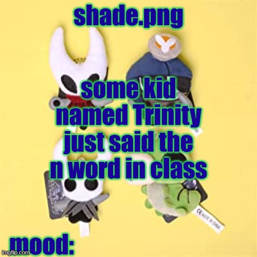 hole low night | some kid named Trinity just said the n word in class | image tagged in hole low night | made w/ Imgflip meme maker