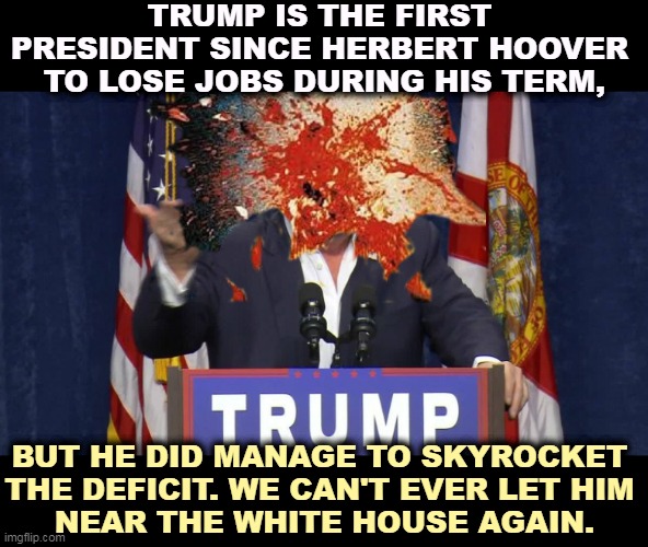 Trump lost jobs in America, including his own. | TRUMP IS THE FIRST 
PRESIDENT SINCE HERBERT HOOVER 
TO LOSE JOBS DURING HIS TERM, BUT HE DID MANAGE TO SKYROCKET 

THE DEFICIT. WE CAN'T EVER LET HIM 
NEAR THE WHITE HOUSE AGAIN. | image tagged in trump,economy,disaster,unemployment,loser | made w/ Imgflip meme maker
