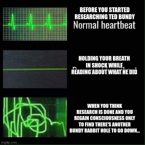 Heart beat meme | BEFORE YOU STARTED RESEARCHING TED BUNDY; HOLDING YOUR BREATH IN SHOCK WHILE READING ABOUT WHAT HE DID; WHEN YOU THINK RESEARCH IS DONE AND YOU REGAIN CONSCIOUSNESS ONLY TO FIND THERE'S ANOTHER BUNDY RABBIT HOLE TO GO DOWN... | image tagged in heart beat meme,ted bundy,ted bundy memes,true crime memes,bundy funnies,dark humor | made w/ Imgflip meme maker