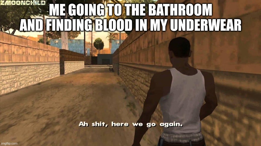 bro i jus wanna live life | ME GOING TO THE BATHROOM AND FINDING BLOOD IN MY UNDERWEAR | image tagged in here we go again | made w/ Imgflip meme maker