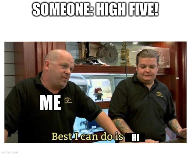 Yup im lazyDont judge me | SOMEONE: HIGH FIVE! ME; HI | image tagged in pawn stars best i can do,high five | made w/ Imgflip meme maker