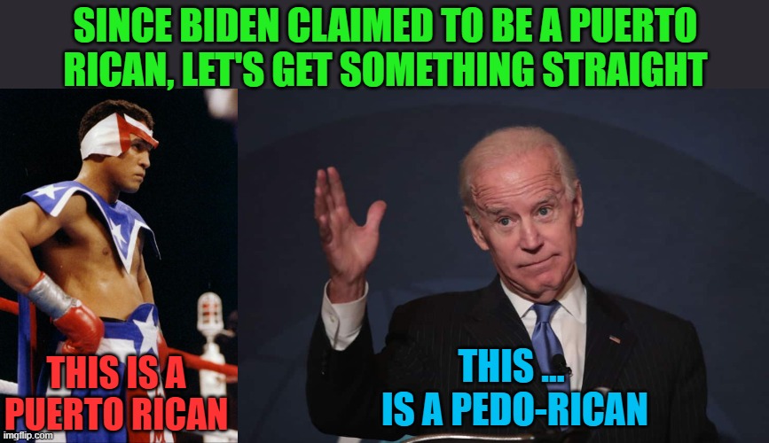 Biden is a different type of "Rican" | SINCE BIDEN CLAIMED TO BE A PUERTO RICAN, LET'S GET SOMETHING STRAIGHT; THIS ... 
IS A PEDO-RICAN; THIS IS A PUERTO RICAN | image tagged in braindead biden,macho camacho,puerto rico | made w/ Imgflip meme maker