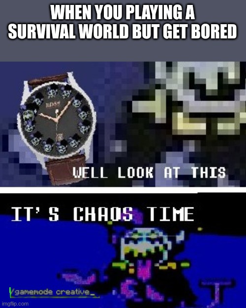 Chaos time | WHEN YOU PLAYING A SURVIVAL WORLD BUT GET BORED | image tagged in chaos time | made w/ Imgflip meme maker