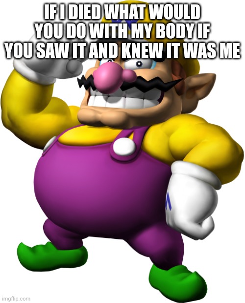 Wario | IF I DIED WHAT WOULD YOU DO WITH MY BODY IF YOU SAW IT AND KNEW IT WAS ME | image tagged in wario | made w/ Imgflip meme maker