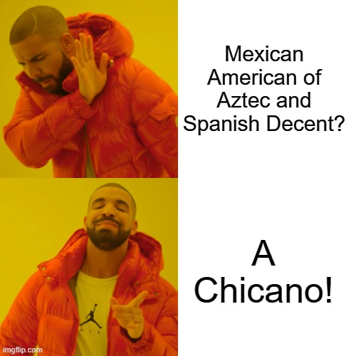 Drake Hotline Bling Meme | Mexican American of Aztec and Spanish Decent? A Chicano! | image tagged in memes,drake hotline bling | made w/ Imgflip meme maker