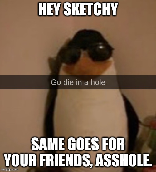 >:) (sketchy note: you really are an idiot.) | HEY SKETCHY; SAME GOES FOR YOUR FRIENDS, ASSHOLE. | image tagged in go die in a hole | made w/ Imgflip meme maker