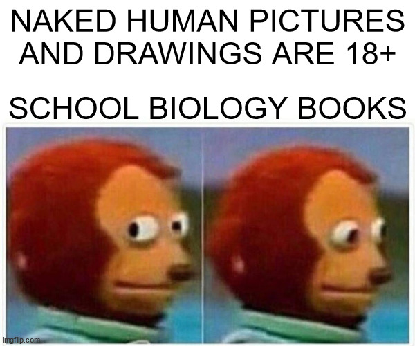 wait what | NAKED HUMAN PICTURES AND DRAWINGS ARE 18+; SCHOOL BIOLOGY BOOKS | image tagged in memes,monkey puppet | made w/ Imgflip meme maker