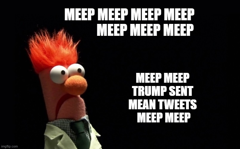 Leftist primary talking point:  Meep meep meep meep !!!  Trump is a meanie head.  Meep meep meep | MEEP MEEP MEEP MEEP
                    MEEP MEEP MEEP; MEEP MEEP 
TRUMP SENT 
MEAN TWEETS 
MEEP MEEP | image tagged in president trump,donald trump approves | made w/ Imgflip meme maker
