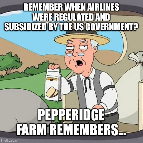 Pepperidge Farm Remembers | REMEMBER WHEN AIRLINES WERE REGULATED AND SUBSIDIZED BY THE US GOVERNMENT? PEPPERIDGE FARM REMEMBERS… | image tagged in memes,pepperidge farm remembers,airlines | made w/ Imgflip meme maker
