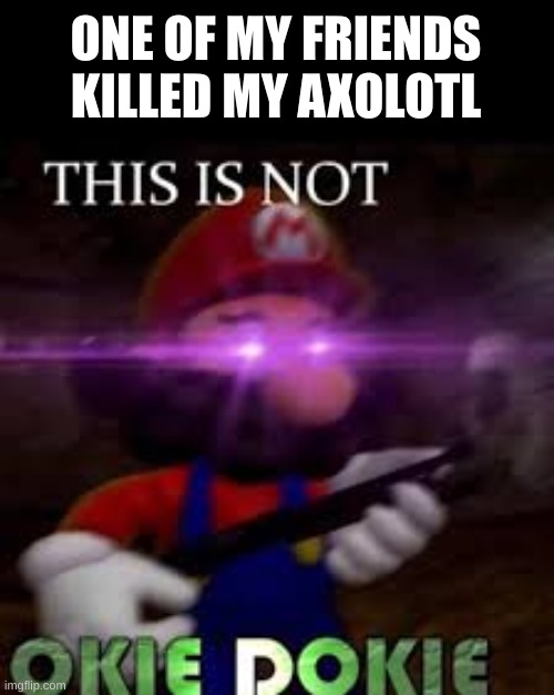 yummy | ONE OF MY FRIENDS KILLED MY AXOLOTL | image tagged in this is not okie dokie,funny,spooktober,spooky month | made w/ Imgflip meme maker