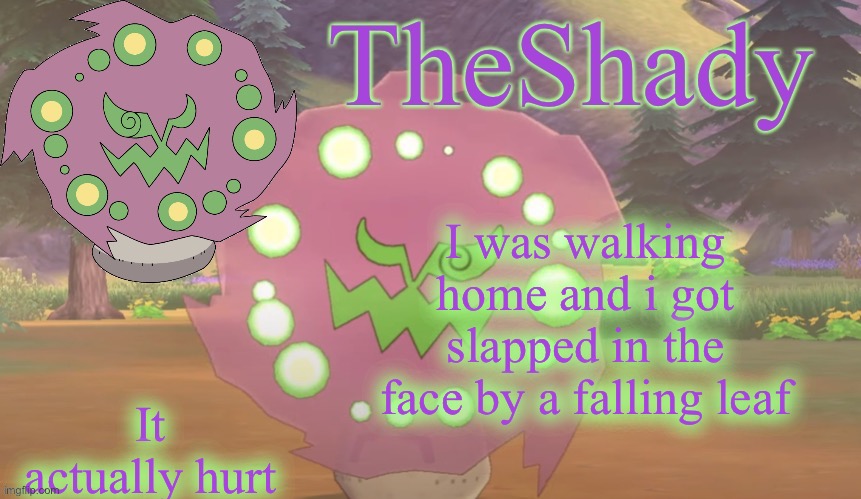 TheShady spiritomb temp | I was walking home and i got slapped in the face by a falling leaf; It actually hurt | image tagged in theshady spiritomb temp | made w/ Imgflip meme maker