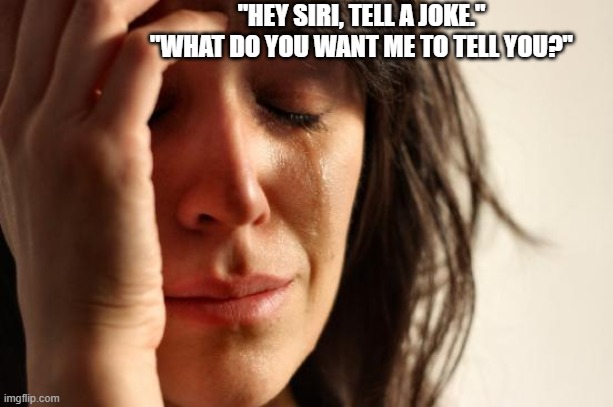 First World Problems | "HEY SIRI, TELL A JOKE."
"WHAT DO YOU WANT ME TO TELL YOU?" | image tagged in memes,first world problems | made w/ Imgflip meme maker