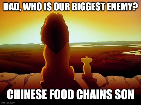 Lion King Meme | DAD, WHO IS OUR BIGGEST ENEMY? CHINESE FOOD CHAINS SON | image tagged in memes,lion king | made w/ Imgflip meme maker