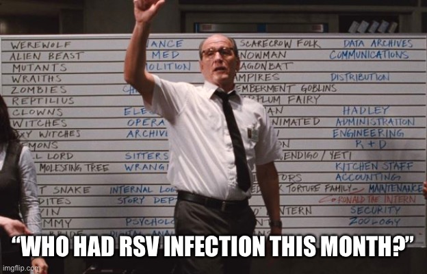 Cabin In The Woods Bet |  “WHO HAD RSV INFECTION THIS MONTH?” | image tagged in cabin the the woods,rsv,infection,illness,bets | made w/ Imgflip meme maker
