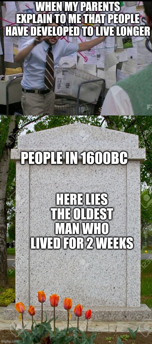  WHEN MY PARENTS EXPLAIN TO ME THAT PEOPLE HAVE DEVELOPED TO LIVE LONGER; PEOPLE IN 1600BC; HERE LIES THE OLDEST MAN WHO LIVED FOR 2 WEEKS | image tagged in trying to explain,blank gravestone | made w/ Imgflip meme maker