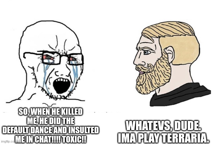 Soyboy Vs Yes Chad | WHATEVS, DUDE. IMA PLAY TERRARIA. SO, WHEN HE KILLED ME, HE DID THE DEFAULT DANCE AND INSULTED ME IN CHAT!!!! TOXIC!! | image tagged in soyboy vs yes chad | made w/ Imgflip meme maker