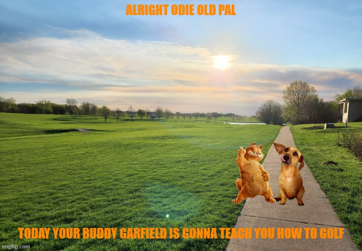 golfing with garfield | ALRIGHT ODIE OLD PAL; TODAY YOUR BUDDY GARFIELD IS GONNA TEACH YOU HOW TO GOLF | image tagged in morning golf course,garfield,dogs,cats,buddies | made w/ Imgflip meme maker