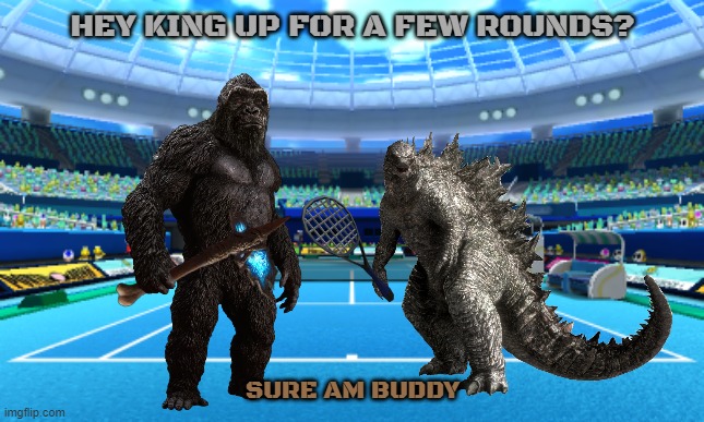 godzilla and kong playing tennis | HEY KING UP FOR A FEW ROUNDS? SURE AM BUDDY | image tagged in godzilla,king kong,buddies,sports,tennis | made w/ Imgflip meme maker